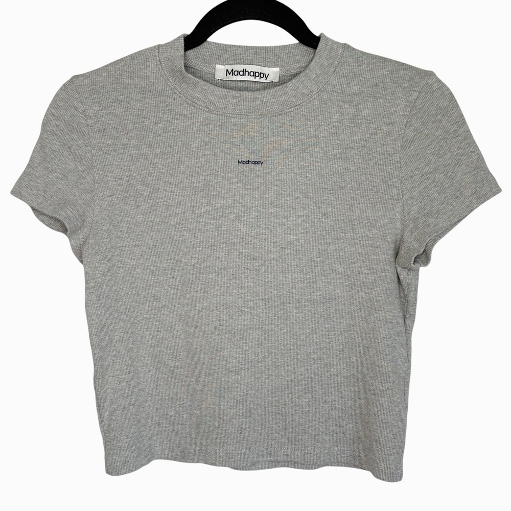 MadHappy Baby Tee Cropped T Shirt Top XL Y2k Logo Ribbed Crewneck Stretchy USA